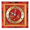 Chelsea Clock Co., Boston, Mass., "Chinese Lacquer" red painted easel-style desk clock in Asian motif, 8 days, time only, serial #796458