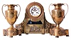 Rollin A Paris polished brass mantel clock, with two matching urns, Vincenti Medaille D'Argent" 8 day movement, also signed Rollin, with count wheel and bell striking, visible escapement with steel pallet pins, signed white enamel dial.