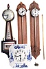Clocks- 4 (Four): (1) Reproduction German made gravity rack wall timepiece. c1955 (2) German, dish form 8 days, spring brass movement wall timepiece c1930 (3) Seth Thomas Clock Co., Thomaston, Conn., "Homestead-W", 8 days, brass spring lever movement patent or banjo timepiece. c1953 (4) Reproduction German made gravity rack wall timepiece. c1955