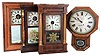 Clocks- 4 (Four): (1) Seth Thomas Clock Co., Thomaston, Conn., 8 days, spring brass movement schoolhouse wall timepiece. c1905 (2) Waterbury Clock Co., Waterbury, Conn., 30 hours, time and strike weight brass movement shelf clock. c1870 (3) Seth Thomas Clock Co., Thomaston, Conn., 30 hours, time, strike and alarm weight brass movement column shelf clock. c1870 (4) Atkins, Porter & Co., Bristol, Conn., 30 hours, time and strike weight brass movement OG shelf clock. c1845
