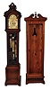 Tall Clock and a Regulator Case (only) - (1) Mappin & Webb, England hall clock 8 days, time, strike and chiming three tunes on 9 tubes (tubes not included) , in glazed mahogany case with carved pagoda top. The brass dial has silvered chapter ring, strike / silent selector and tune selector disc for Westminster, Whittington and St. Michaels, circa 1915; (2) Walnut pinwheel regulator case (only) , circa 1890