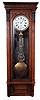 Jeweler's regulator wall clock, 8 days, time only, brass weight driven movement pinwheel escapement and compensated lyre gridiron pendulum in an oak case with beveled glass front white enamel dial
