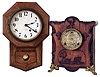 Clocks- 2 (Two): (1) Seth Thomas Clock Co., Thomaston, Conn., "Drop Octagon 8 inch", 8 days, spring brass movement small schoolhouse style wall timepiece. c1908 (2) William L. Gilbert Clock Co., Winsted, Conn., "Cozy Corner Q", 8 days, time and strike spring brass movement cabinet model clock. c1906