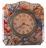 Cartier, desk or bedside clock with easel back, carved and polished moss agate case with enamel bezel, 8 day, 15 jewel timepiece movement, the rear cover signed "Lemania Watch Co. Swiss" and Arabic numeral metal dial, 3 3/8" w x 3 1/2" h