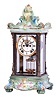Ansonia Clock Co., New York, NY, "Porcelain Regulator No. 5" shelf clock with an 8 day spring driven time and half hour strike movement with visible escapement in a Crystal regulator case with Royal Bonn porcelain top and base.