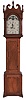 William Herwick (Sr.) , Greensburg, Penn., "No. 6" tall case clock, 8 day, time and strike, weight driven movement in a cherry case with broken arch top, three turned wooden finials, star inlaid rosettes and four full columns flanking hood, bracket base with recessed panel. The painted metal dial with maker's signature has date calendar and moon phase. The dial's false plate is signed "PATTON & JONES PHILA".