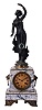 Guilmet, France, mystery clock, blue gray variegated marble case with lion mask handles and Empire style gilt feet, surmounted by an associated patinated female figure, her left hand held aloft, and suspending the pendulum, impulsed through the nearly imperceptible movement of the gilt base on which the she stands, gilt Roman numeral engine turned dial, blued steel hands, 8 day time and strike movement with crank and stirrup escapement, back plate with Guilmets mark and numbered 1286