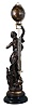 French large swinger mystery clock, gilt and patinated figure "La Fleur Des Glaciers", after sculptor J. Causse, with female figure descending a natural staircase, supporting the extra long 34" clock and compound pendulum arm, spherical case with bow-knot-ribbon ornament, applied Roman numerals and Louis XV style hands containing the 8 days, time only movement, gridiron style assembly with ornamented smaller sphere at bottom, all mounted to a ebonized wooden base
