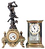 Clocks- 2 (Two): (1) Ansonia Clock Co., New York, NY, "Roy", 8 day, time and strike spring brass movement crystal regulator shelf clock, c1914. (2) French, Japy Freres, 8 day, time and strike spring brass movement figural mantel clock. c.1900