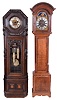 Tall clocks- 2 (Two) European: (1) James Webster, Salop, England, 8 day, time and strike in an oak case with conch shell cartouche and brass dial with maker's signature on silvered arch above moon phase and silvered chapter ring, circa 1770; (2) Germany, 8 days, time and strike two brass weight driven movement in an Art Deco oak case, c1920.