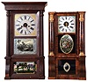 Clocks- 2 (Two): (1) Seth Thomas, Thomaston, Conn., 8 day, time and strike weight brass movement "Shell Column" & cornice shelf clock. c1870 (2) Forestville Manufacturing Co., Bristol, Conn., 8 days, time and strike weight brass movement column & Cornice shelf clock. c 1837