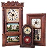 Clocks- 3 (Three) American Shelf: (1) E. Ingraham & Co,, Bristol, Conn., 8 day "Venetian" with alarm, c1890. (2) Unknown, 30 hour OG with nice William B. Fenn tablet, 1850. (3) Forestville Mfg. Co., Bristol, Conn., 8 day weight-driven double door Empire shelf clock, mahogany case with carved splat. c1935