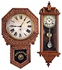 Clocks- 2 (Two) Wall 8 day: New Haven "Branford" time only oak school clock, c1911; Waterbury walnut "Prescott" time and strike, c1891