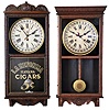Clocks- 2 (Two): (1) Waterbury Clock Co., Waterbury, Conn., "Crane" wall hanging clock with a spring driven 8 day time and simple calendar movement in a solid oak case., c.1912. (2) Sessions Clock Co., Forestville. Conn., "Regulator H" wall hanging clock with a spring driven 8 day time, strike and simple calendar movement, c1908.