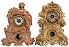 Clocks- 2 (Two) Metal-front cast mantel: Muller No. 67 (Peasant Girl) and No. 65 (Fox and Hare) with 8 day time and strike Connecticut movements, with subsidiary alarm movements, one case with Waterbury interior label, c1870