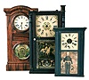 Clocks- 3 (Three) American shelf clocks: (1) Atkins & Downs, Bristol, Conn., 30 hour wooden movement with original Napoleon tablet, c1830. (2) Atkins, Porter & Co., Bristol, Conn., 30 hour weight-driven shelf clock in small cornice top case, c1845. (3) Seth Thomas Clock Co, Thomaston, Conn., 8 day weight-driven "Parlor Calendar No. 1 (missing calendar mechanism) , c1863.