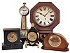 Clocks- 7 (Seven) , plus a Crosby steam gauge Ingraham "Wizard" black enameled 8 day time and strike mantel; Ansonia time only 8 day school clock; Sessions plug-in electric banjo; Ansonia black enameled iron 8 day time and strike; Seth Thomas mahogany 8 day mantel with bim-bam strike, dated 1947; two Delft plate time only wall clocks; 20th century