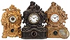 Clocks- 3 (Three) spelter-front shelf 8 day time and strike with Nicholas Muller case fronts: two are No. 61 "Dolphin"; other is Highlander (no number) with Terhune label; Connecticut movements; c1865
