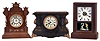 Clocks- 3 (Three): (1) Ansonia Clock Co., New York, NY, "Tivoli", 8 day, time and strike spring brass movement cabinet clock. (2) Seth Thomas Clock Co., Thomaston, Conn., 8 day, time and strike spring brass movement cottage clock. (3) Seth Thomas Clock Co., Thomaston, Conn., "Servia", 8 day, time and strike spring brass movement "Adamantine" mantel clock.