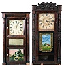 Clocks- 2 (Two): (1) Jeromes & Darrow, Bristol, Conn., 8 day, time and strike weight wood movement carved column & splat shelf clock. c1830 (2) Eli Terry Jr & Co., Terrysville, Conn., 8 day, time and strike weight wood movement column & cornice shelf clock. c1836