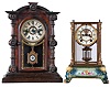 Clocks- 2 (Two): (1) Ansonia Clock Co., New York, NY, "Crystal Regulator No. 6", 8 day, time and strike spring brass movement crystal regulator mantel clock. c1906 (2) Welch, Spring & Co., Forestville, Conn., "Patti V.P.", 8 day, time and strike spring brass movement mantel clock. c1880