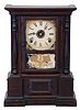 Clocks- 3 (Three): (1) Atkins Clock Co., Bristol, Conn., empty London model case. (2) Atkins Clock Co., Bristol, Conn., 8 days, time, strike and alarm spring brass movement London model shelf clock. (3) Atkins Clock Co., Bristol, Conn., 8 days, time and strike spring brass movement London model shelf clock.
