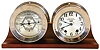 Clocks- 2 (Two) and a barometer: (1) Chelsea Clock Co., Boston, Mass., Quartz battery Ship strike ship's bell clock. c1997 (2) Seth Thomas Clock Co., Thomaston, Conn., 8 days, spring brass movement seven jeweled ship's bell clock in a heavy nickel plated brass case and a Taylor Storm guide aneroid barometer in a heavy nickel plated brass case. c1938