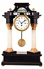 Austria, mantel or shelf clock with music box, ebonized portico style case, alabaster columns with gilt, carved capitals and bases, case top with watercolor painting behind glass of St. Charles Church, Vienna, and mother of pearl ornaments, all on an oblong base containing a two tune music box, activated by pulling a string, and Arabic numeral white enamel dial, steel hands, two day grand sonnerie striking brass movement, engine turned brass pendulum, inside of case and inside of back with handwritten labels