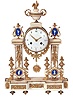 France, Louis XVI mantel clock, the white marble case with applied gilt bronze neoclassical ornament, the columns with bowknot suspended trophies, with flanking urns, and with gilt paw feet, and set with a gilt framed, blue jasper Wedgwood style plaque, the base with three panels with inset ornament, and resting on six toupie feet, the clock housed within a gilt cylinder with gilt bezel and convex glass, with flanking, oval framed blue jasper plaques, and surmounted by an urn, with crowing cock, Arabic numeral whie enamel dial, pierced, engraved gilt hands, 8 day time and strike pendule a Paris movement, and silk thread suspended pendulum with gilt Helios mask