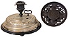 Musical Items - 2 (Two): German Victorian Christmas tree rotator with music box, nickel plated top, black painted wood base; German carved wood round platter holder, music commences when holder is lifted.