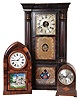 Clocks- 6 (Six) Connecticut time and strike wood case mantel and shelf clocks: Seth Thomas, Thomaston, Conn., 8 day Westminster chime inlaid, c1920; Seth Thomas, Thomaston, Conn., "Shell Column" 30 hour weight driven half-column, c1870; William L. Gilbert, Winsted, Conn., 8 day tambour, c1930; Seth Thomas, Plymouth Hollow, Conn., 8 day "Rose Column" and cornice weight driven, c1865; Ansonia Clock Co., New York, 8 day "Malta" oak cabinet, c1901; Jerome & Co. New Haven, Conn., 8 day beehive, c1860.
