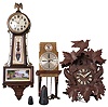 Clocks- 8 (Eight) wall: Thwaites & Reed reproduction "Ben Franklin" 8 day three wheel weight driven timepiece, c1970; 2 German 30 hour cuckoos and 1 a cuckoo & quail, c1910 & later; Japanese Seikosha (current-day Seiko) 8 day time and strike school, c1910; German 8 day time and strike free-swinger, c1910; German spring wound 8 day time and strike Vienna Regulator. c1900; early and later 20th century