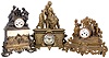 Clocks- 6 (Six): Seth Thomas Sons & Co, New York, cast spelter 8 day time and strike double figural; Ansonia "La Savoie" 8 day time and strike porcelain, c1904; French cast spelter double praying figural 8 day with count wheel and bell striking, c1900; French cast metal and marble 8 day double standing figural with count wheel and bell striking, c1890; Hamburg American 30 hour with alarm shelf clock, c1910; porcelain case with modern 30 hour German movement