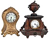 Clocks- 2 (Two): (1) Seth Thomas Clock Co., Thomaston, Conn., "La Norma Special", 8 day, time and strike spring brass movement metal case mantel clock. c1905 (2) Seth Thomas Sons & Co., New York, "No 8024", 15 day, time and strike spring brass movement mantel clock. c1872