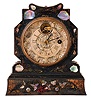 J. C. Brown, Bristol, Conn., shelf clock small painted and gilt line and pearl decorated iron front with Noah Pomeroy balance escapement movement with fancy cast metal silvered dial, stamped with Brown signature