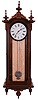 E. Howard & Co., Boston, Mass., "Regulator No. 59-8" reissue. Walnut case with ebonized moldings, turned and carved finials, maple weight baffle, ebonized wooden bezel with Roman numeral white painted 8" dial, blued steel moon hands, damascened nickel pendulum with silver painted wooden rod, 8 day weight driven timepiece movement, The clock has serial number 84 and is dated August, 1976.