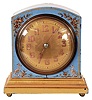 Duverdrey & Bloquel, France, desk or bedside clock, blue lacquered case with chinoiserie decoration on a gilt, molded base, luminous Arabic numeral metal dial, luminous steel hands, 8 day, 11 jewel timepiece movement with lever platform