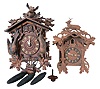 Clocks- 2 (Two) Cuckoo, Germany: ''AF" 3 weight cuckoo and quail with carved bird, stag and rabbit; "GHS" 2 weight with complete carved stag at top; early 20th century