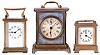 Clocks- 3 (Three) carriage clocks, brass and glass: French 8 day time only with replaced balance platform; Waterbury time and alarm; Seth Thomas Clock Co., Thomaston, Conn., "Mikado "30 hour time and alarm