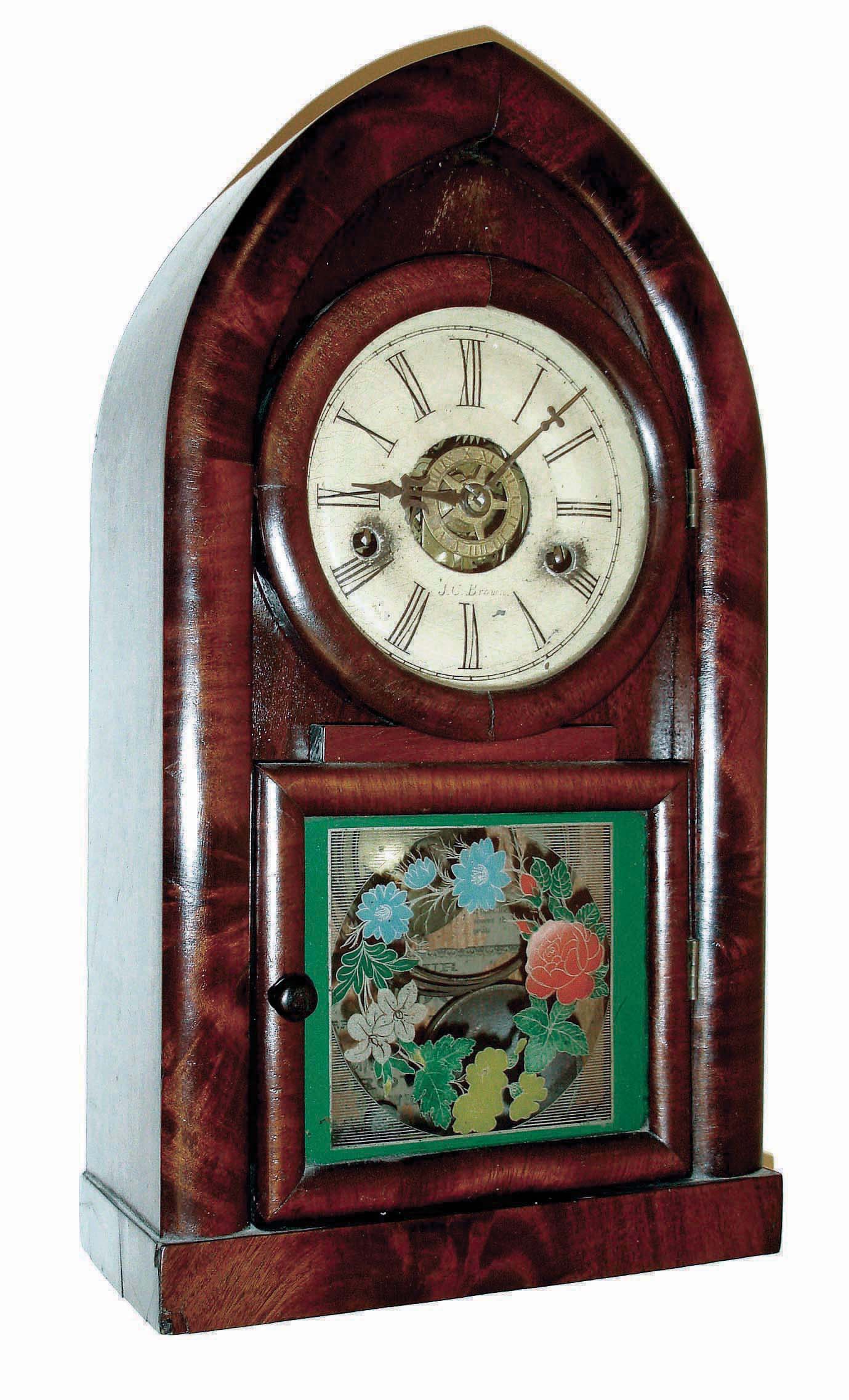 J.C. Brown, Forestville Conn., miniature plain front "Beehive or Round Gothic" shelf clock, 30 hours, time, strike &amp; alarm, c1850 — Antique Clocks Price Guide