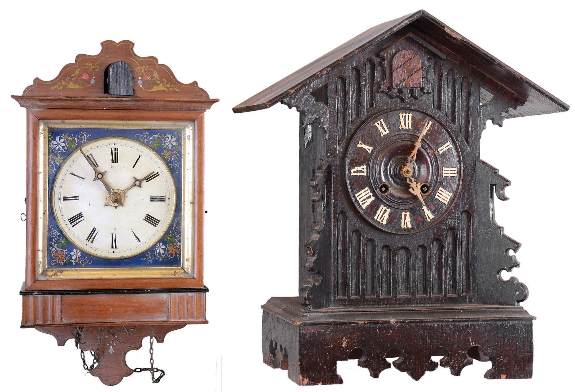 Clocks- 2 (Two) Cuckoo Black Forest German 30 hour: hanging weight driven model nearly identical to rare Biedermeier #4 shown on Justin Miller book page 36, likely by Ketterer, c1860; shelf model spring driven by Gordian Hettich Sohn (GHS), c, 1900 — Antique Clocks Price Guide