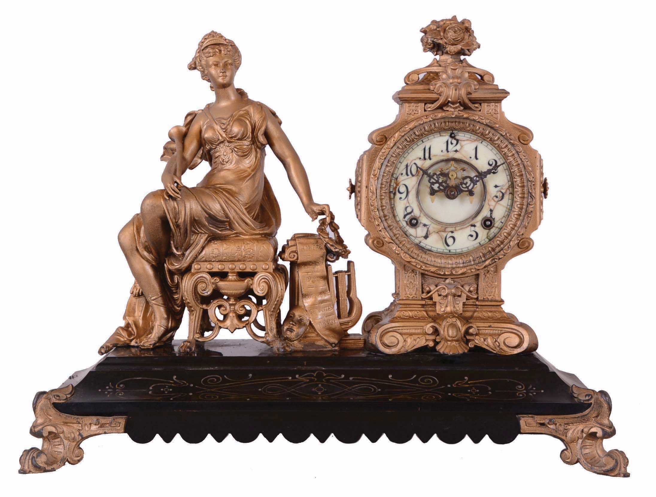 Ansonia Clock Co., New York, NY, "Opera" Figural Clock with a spring driven 8 day time and strike movement in a cast iron and metal case. — Antique Clocks Price Guide