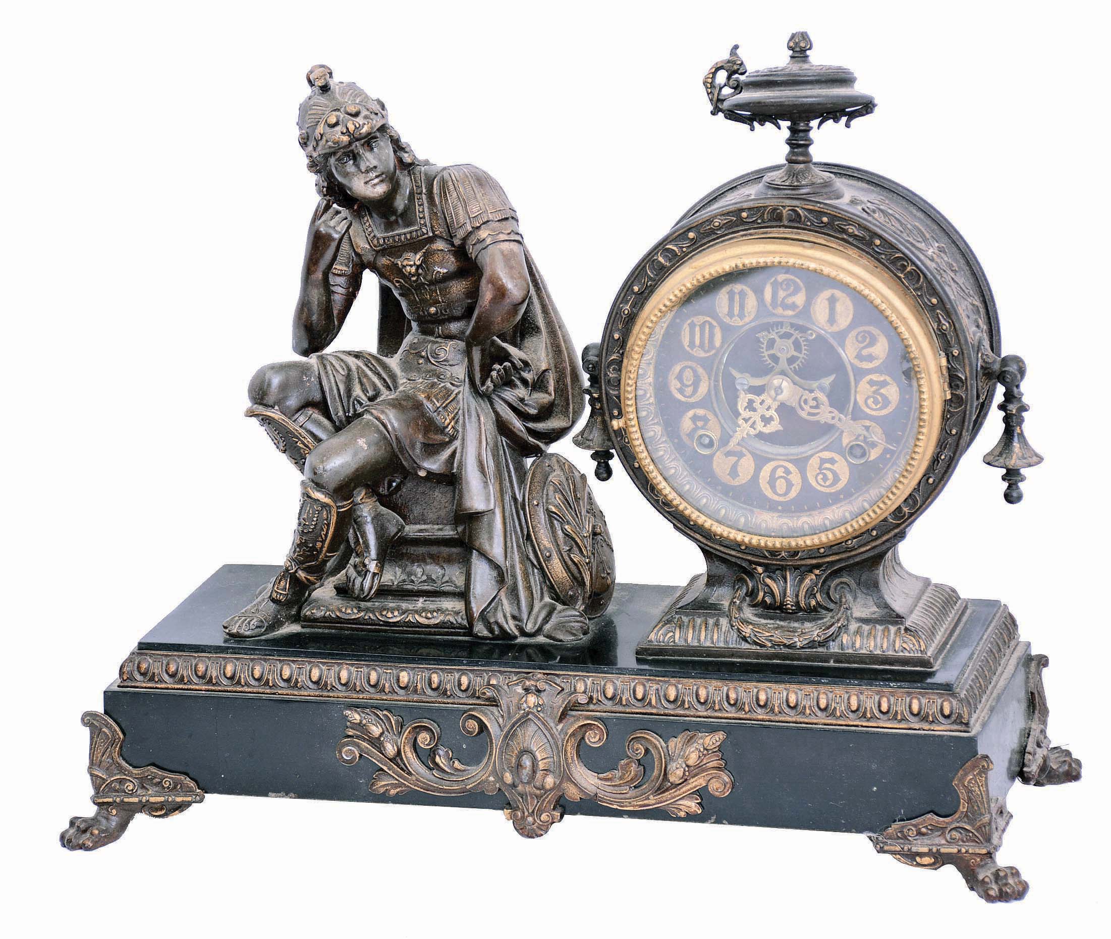 Ansonia Clock Co., New York, NY, "Mercury" statue mantel clock with an 8 day spring driven time and strike movement with visible escapement in an enameled iron base and cast figurine case. — Antique Clocks Price Guide