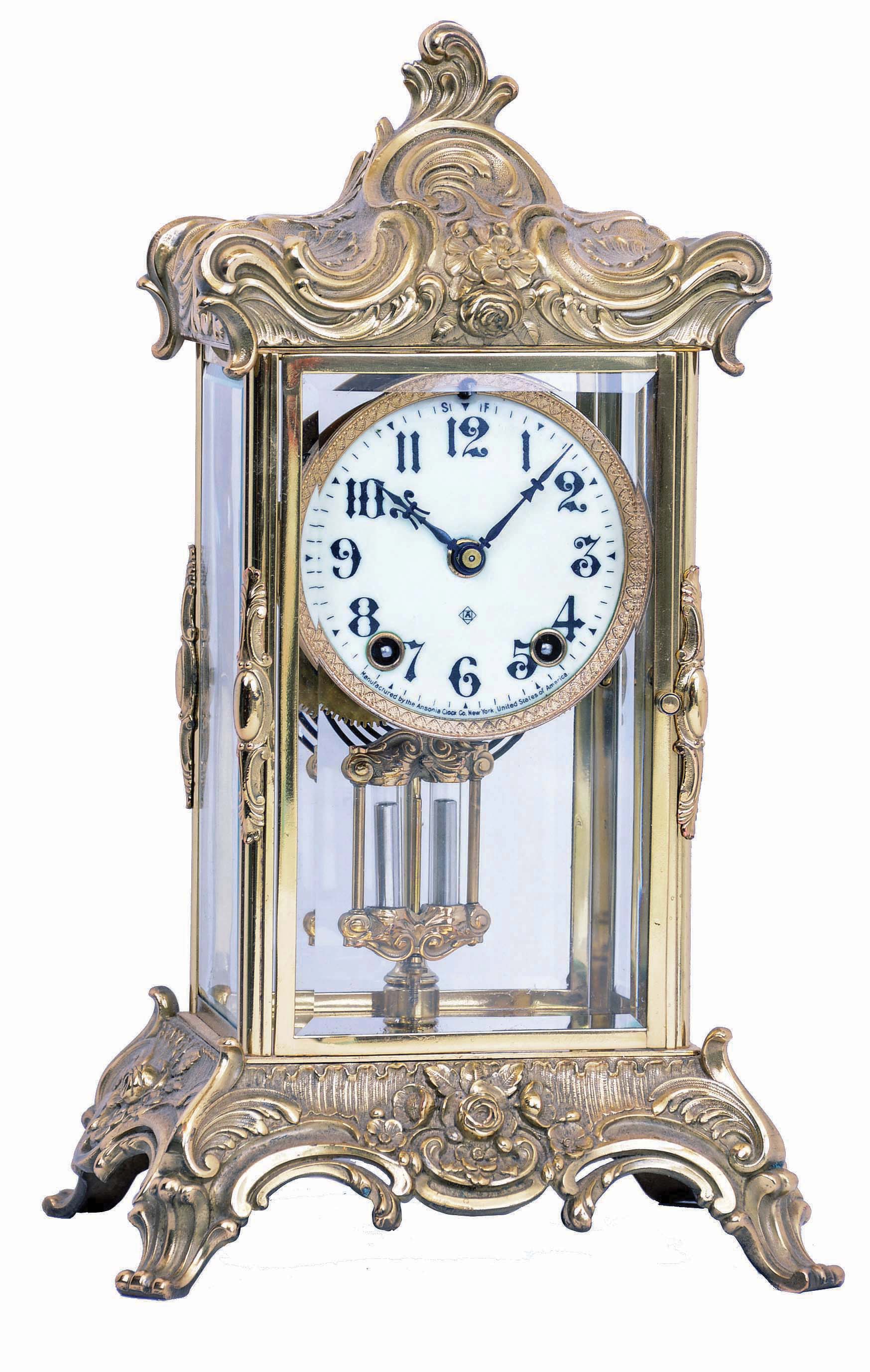 Ansonia Clock Co., New York, NY, "Zenith", 8 day, time and strike spring brass movement crystal regulator shelf clock. — Antique Clocks Price Guide