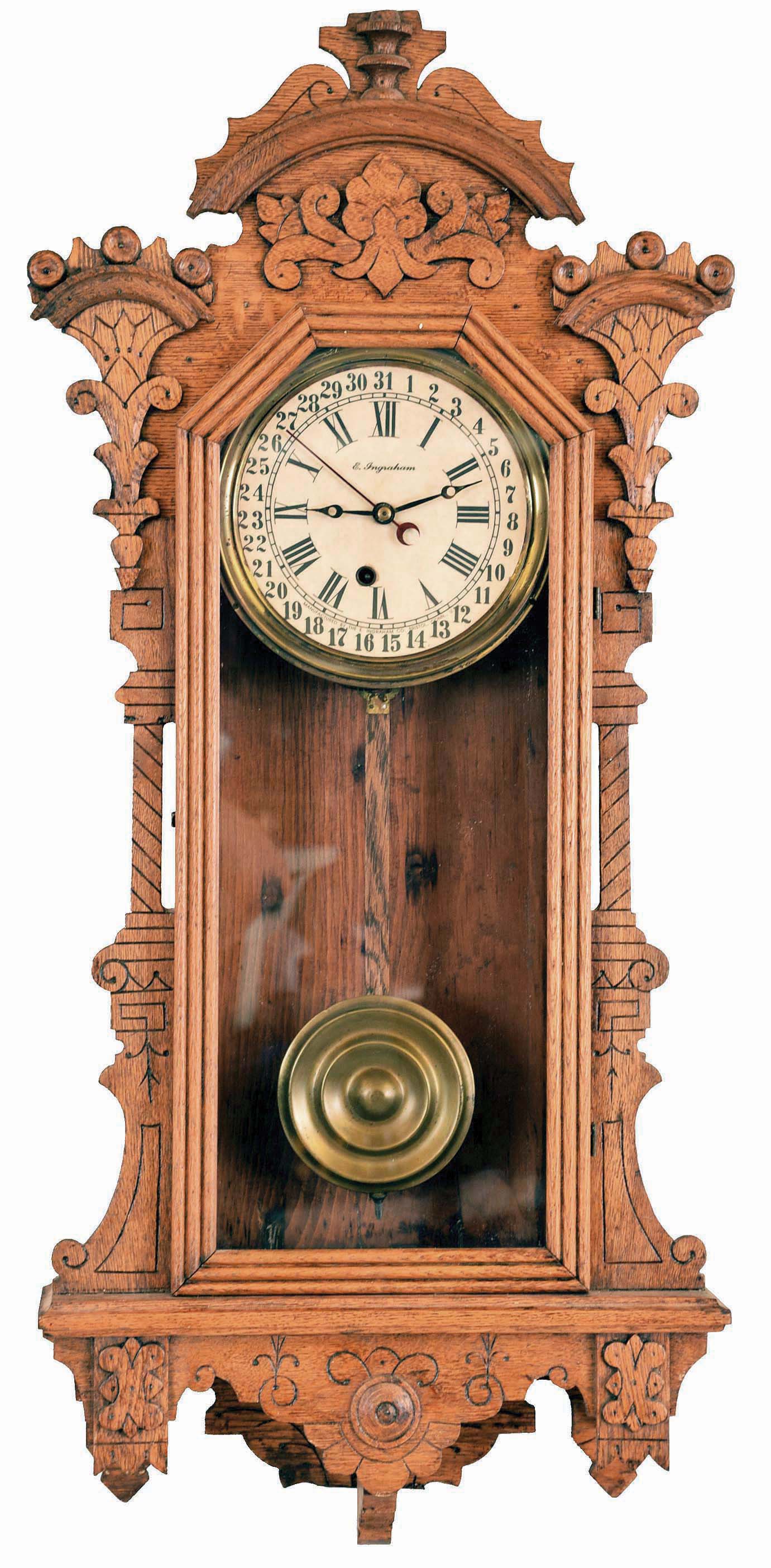 E. Ingraham &amp; Co., Bristol, Conn., "Pacific", 8 days, spring brass movement calendar wall clock. — Antique Clocks Price Guide