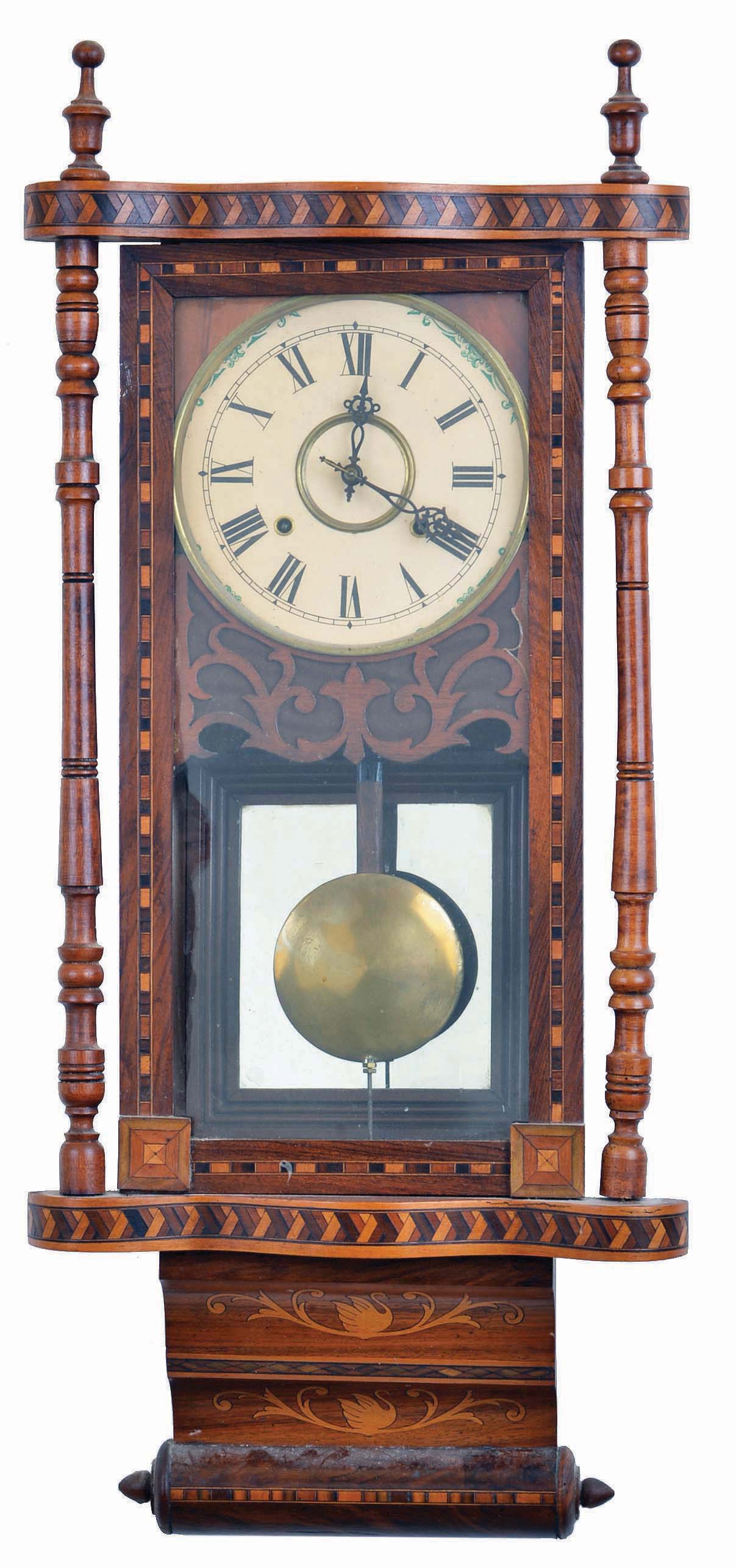 English, Anglo-American, 8 day, time and strike spring brass movement inlayed wall clock. — Antique Clocks Price Guide