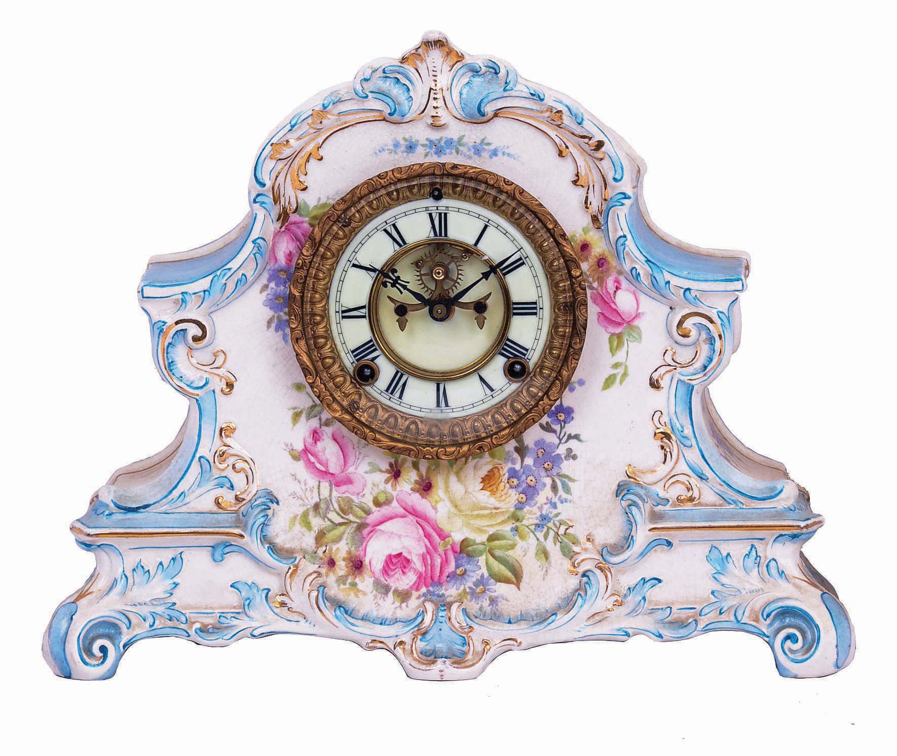 Clocks- 2 (Two): (1) Ansonia Clock Co., New York. "La Nord" shelf clock with an 8 days spring driven time and strike brass movement with visible escapement in a Royal Bonn porcelain case. (2) Ansonia Clock Co., New York. "La Manche" shelf clock with an 8 days spring driven time and strike brass movement with visible escapement in a Royal Bonn porcelain case. — Antique Clocks Price Guide