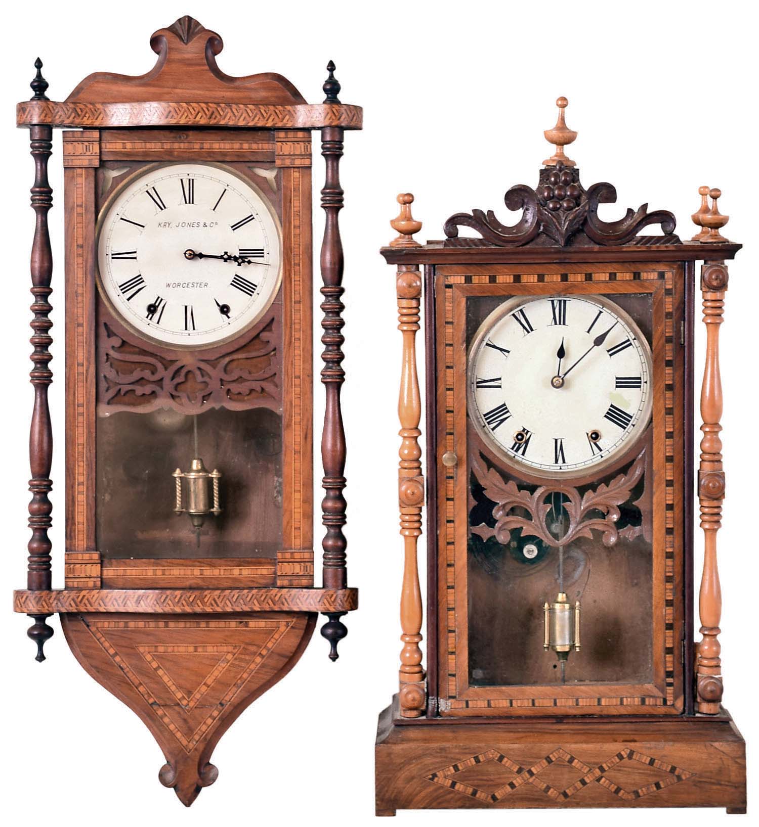 Clocks- 2 (Two): (1) Anglo-American, 8 day, time and strike spring brass movement shelf / wall clock. (2) Anglo-American, 8 days, time and strike spring brass movement wall clock. — Antique Clocks Price Guide