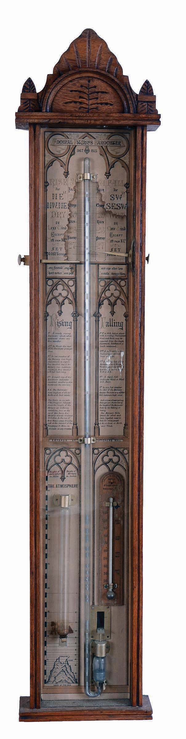 Admiral Fitzroy barometer, "367815" numbered, ash case with carving at top, glazed front, printed paper for backboard with barometer scales, tips for interpreting the information shown, thermometer, and storm glass, — Antique Clocks Price Guide