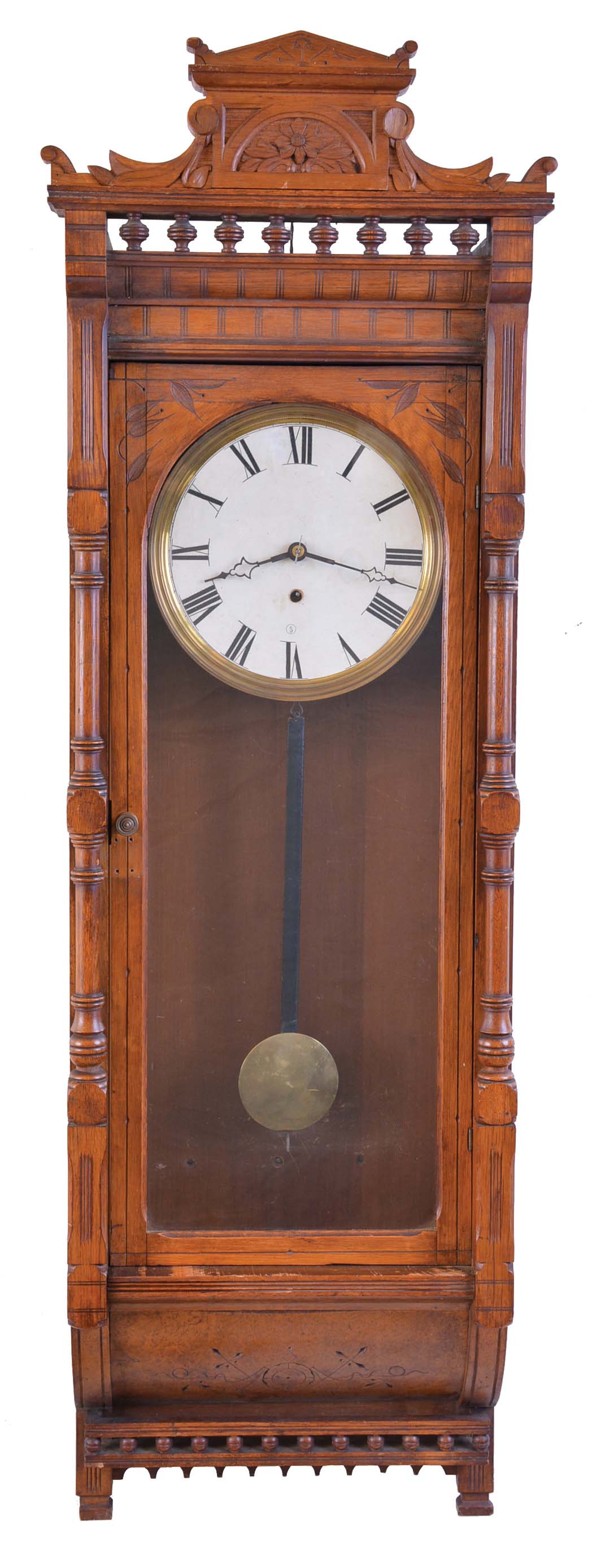 George B. Owen, Winsted, Conn., wall clock, 8 day, time only, spring driven movement in a walnut case with arcaded top and papered metal dial — Antique Clocks Price Guide